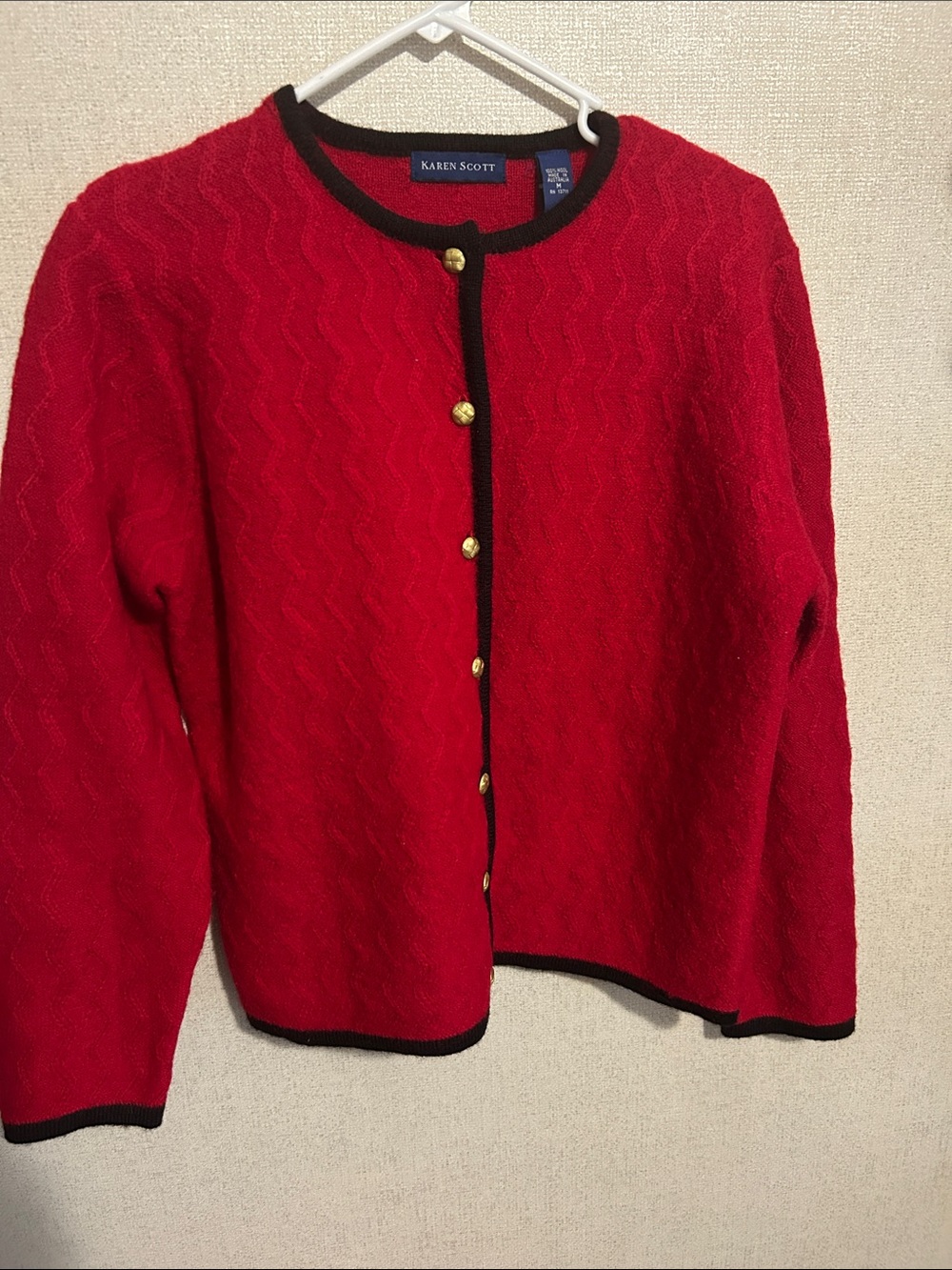 Karen Scott Red Cardigan with Black Trim and Gold Buttons